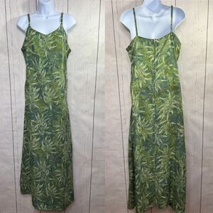 Santiki Green Tropical Leaf Print Maxi Dress Size L Boho Island Summer Beachwear